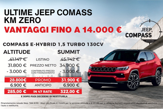 Ultime Jeep Compass km0 Vantaggi fino a 14.000€